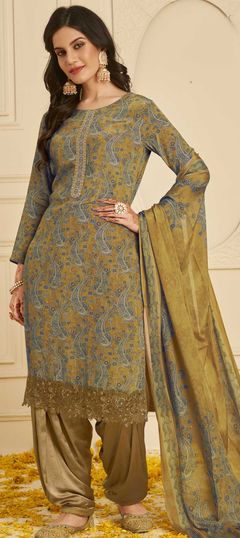 Yellow color Salwar Kameez in Crepe Silk fabric with Border, Embroidered, Printed, Sequence work