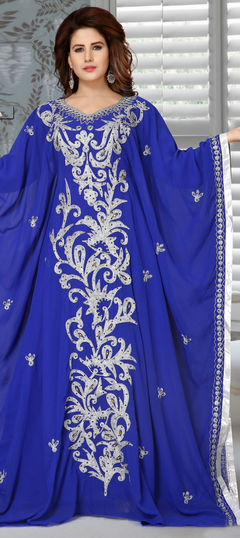 Festive, Reception Blue color Kaftan in Faux Georgette fabric with Embroidered, Stone, Thread work : 1850766