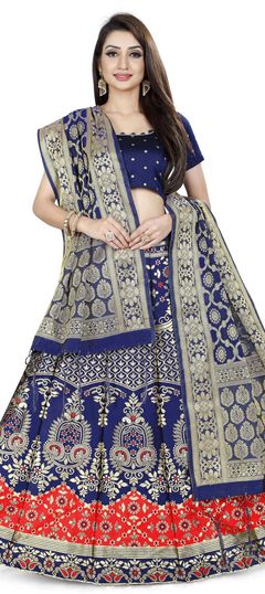 Reception Blue, Red and Maroon color Lehenga in Banarasi Silk fabric with A Line Weaving work : 1850806