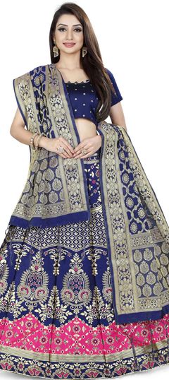 Reception Blue, Pink and Majenta color Lehenga in Banarasi Silk fabric with A Line Weaving work : 1850813