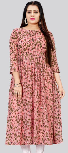 Pink and Majenta color Kurti in Georgette fabric with Printed work