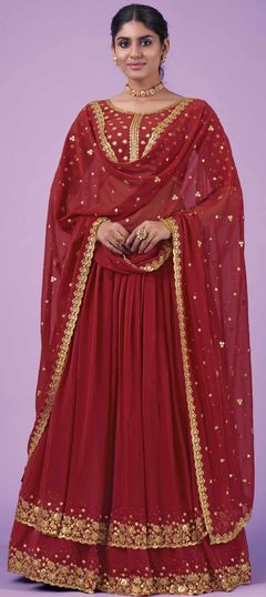 Red and Maroon color Lehenga in Georgette fabric with Sequence, Zari work