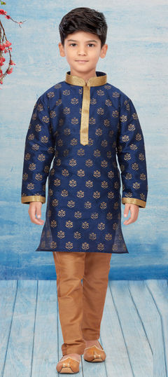 Blue color Boys Kurta Pyjama in Dupion Silk fabric with Printed work