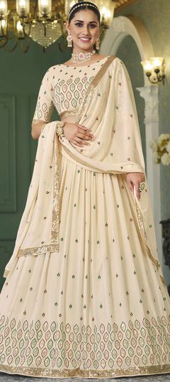 Beige and Brown color Lehenga in Georgette fabric with Embroidered, Sequence, Thread work