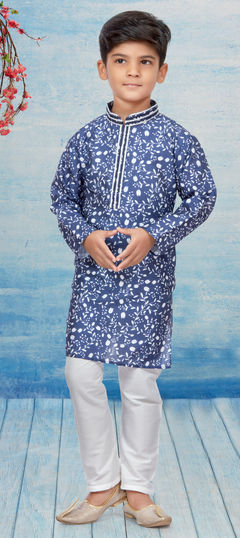 Blue color Boys Kurta Pyjama in Dupion Silk fabric with Floral, Printed work