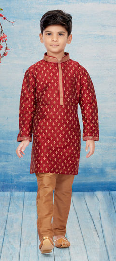 Red and Maroon color Boys Kurta Pyjama in Dupion Silk fabric with Printed work