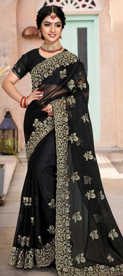 Black and Grey color Saree in Art Silk, Silk fabric with Embroidered, Thread, Zari work