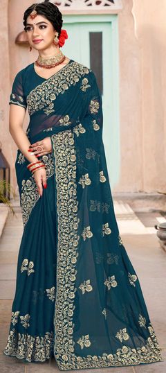 Blue color Saree in Art Silk, Silk fabric with Embroidered, Thread, Zari work