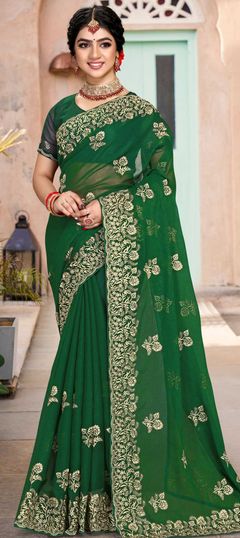 Green color Saree in Art Silk, Silk fabric with Embroidered, Thread, Zari work