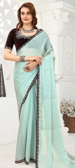 Blue color Saree in Organza Silk, Silk fabric with Border, Zircon work