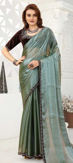 Blue color Saree in Organza Silk, Silk fabric with Border, Zircon work