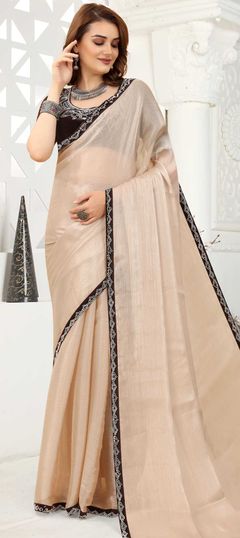 Beige and Brown color Saree in Organza Silk, Silk fabric with Border, Zircon work