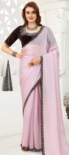 Pink and Majenta color Saree in Organza Silk, Silk fabric with Border, Zircon work