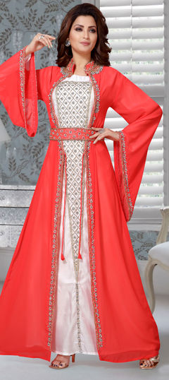 Festive, Reception Red and Maroon, White and Off White color Kaftan in Faux Georgette fabric with Cut Dana, Stone work : 1851282