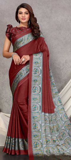 Red and Maroon color Saree in Chiffon fabric with Printed work