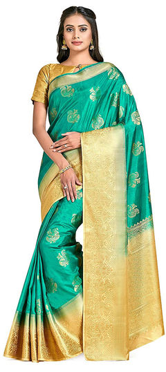 Blue color Saree in Kanjeevaram Silk, Silk fabric with Zari work