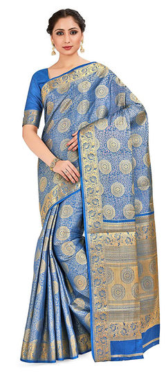 Blue color Saree in Kanjeevaram Silk, Silk fabric with Zari work