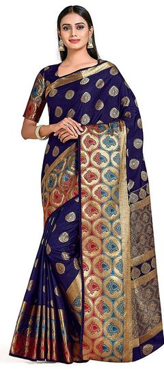 Blue color Saree in Kanjeevaram Silk, Silk fabric with Zari work