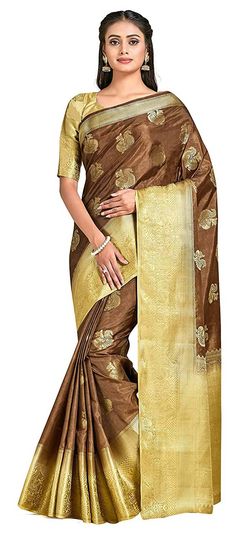 Beige and Brown color Saree in Kanjeevaram Silk, Silk fabric with Zari work