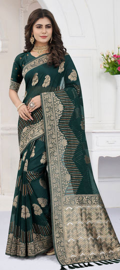 Green color Saree in Organza Silk, Silk fabric with Weaving work