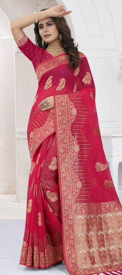 Pink and Majenta color Saree in Organza Silk, Silk fabric with Weaving work