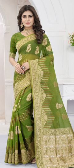 Green color Saree in Organza Silk, Silk fabric with Weaving work