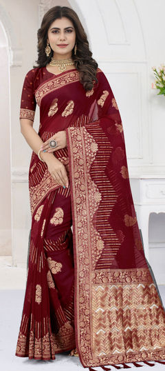 Red and Maroon color Saree in Organza Silk, Silk fabric with Weaving work