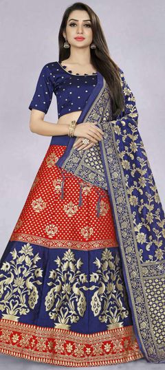 Festive, Party Wear Blue, Red and Maroon color Lehenga in Banarasi Silk fabric with A Line Weaving work : 1851623