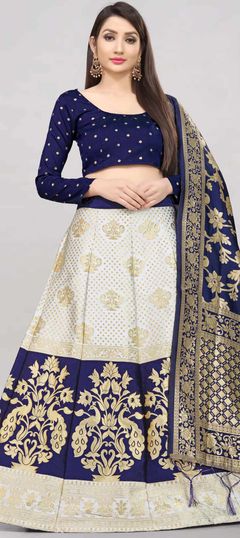 Festive, Party Wear Blue, White and Off White color Lehenga in Banarasi Silk fabric with A Line Weaving work : 1851641