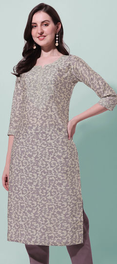 Beige and Brown color Kurti in Rayon fabric with Embroidered, Printed work
