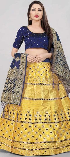 Party Wear Yellow color Lehenga in Banarasi Silk fabric with A Line Weaving work : 1851671