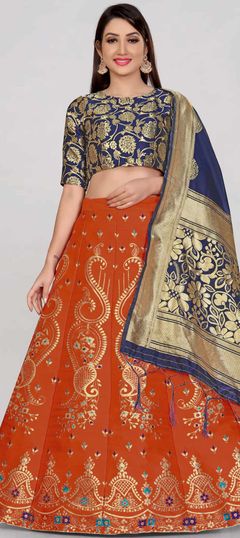Orange color Lehenga in Banarasi Silk fabric with Weaving work