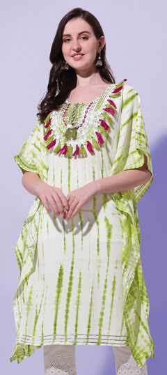 Green color Kaftan in Rayon fabric with Embroidered, Printed, Tye n Dye work