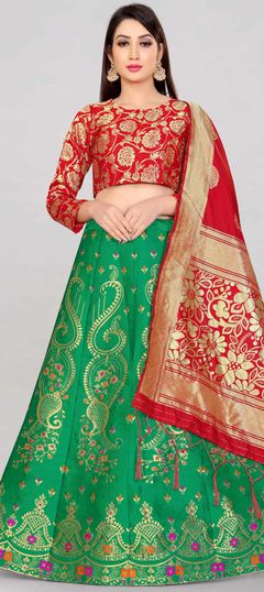 Green color Lehenga in Banarasi Silk fabric with Weaving work
