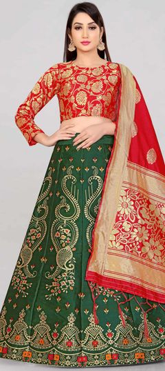 Green color Lehenga in Banarasi Silk fabric with Weaving work