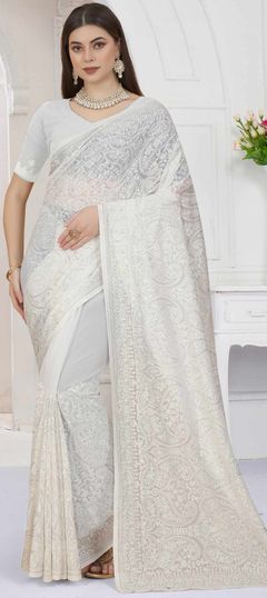 White and Off White color Saree in Georgette fabric with Embroidered, Resham, Thread work