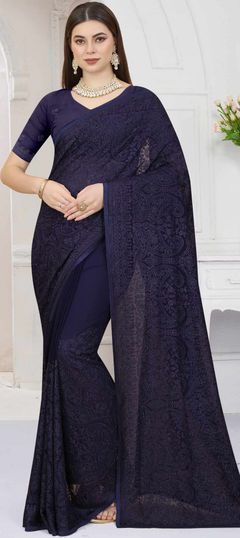 Blue color Saree in Georgette fabric with Embroidered, Resham, Thread work