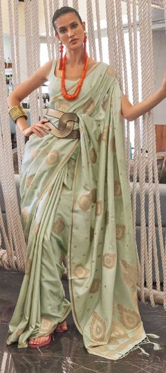 Green color Saree in Satin Silk, Silk fabric with Weaving, Zari work