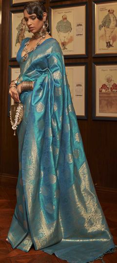 Blue color Saree in Art Silk, Silk fabric with Weaving work