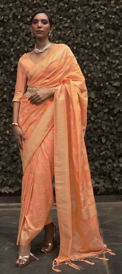 Orange color Saree in Art Silk, Silk fabric with Weaving work