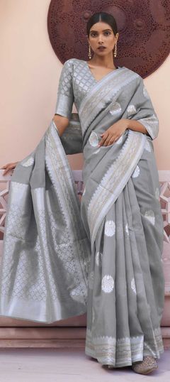 Black and Grey color Saree in Linen fabric with Weaving work