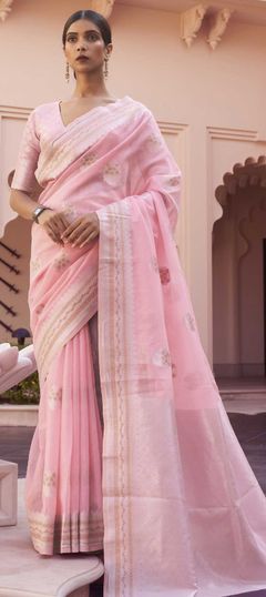 Pink and Majenta color Saree in Linen fabric with Weaving work