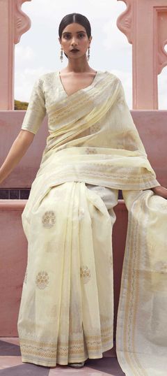 White and Off White color Saree in Linen fabric with Weaving work