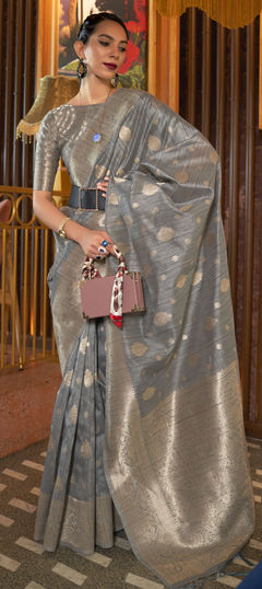 Traditional Black and Grey color Saree in Silk, Tussar Silk fabric with South Weaving work : 1852048