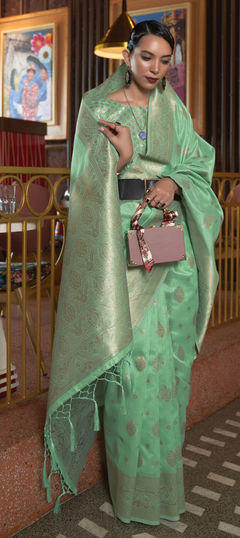 Traditional Green color Saree in Silk, Tussar Silk fabric with South Weaving work : 1852050