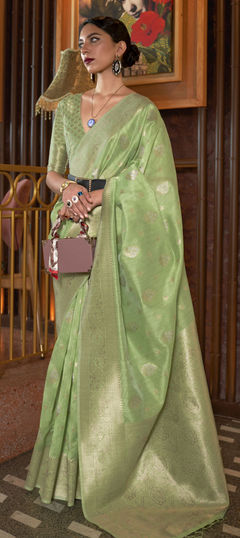 Traditional Green color Saree in Silk, Tussar Silk fabric with South Weaving work : 1852053