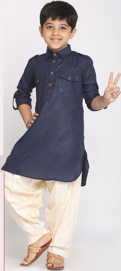 Blue color Boys Kurta Pyjama in Blended Cotton fabric with Thread work