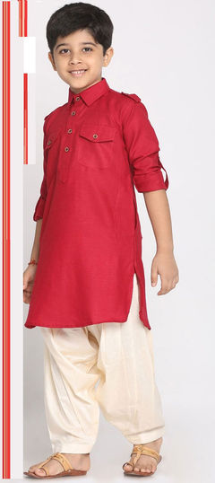 Red and Maroon color Boys Kurta Pyjama in Blended Cotton fabric with Thread work