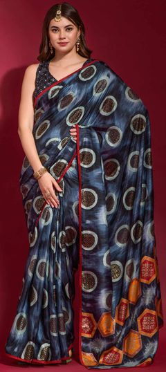 Black and Grey color Saree in Art Silk, Silk fabric with Printed work