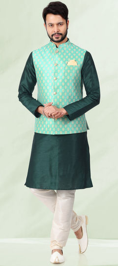 Green color Kurta Pyjama with Jacket in Banarasi Silk fabric with Weaving work